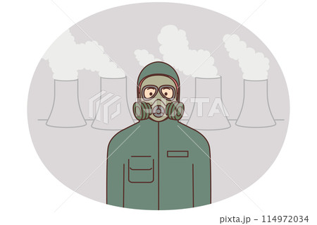 Man in protective costume near chemical factory 114972034