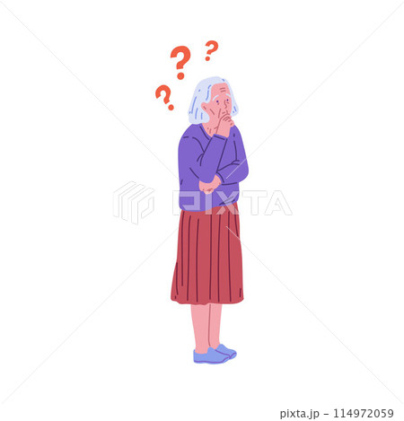 Vector image elderly woman with question marks indicating memory loss on a white background 114972059