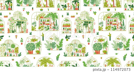 Seamless pattern floral vector design, greenhouse, orangery with flowers and potted plants, home gardening, urban jungle 114972073