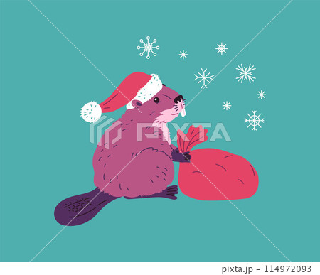 Vector illustration beaver in a festive New Year's hat with a bag of gifts 114972093