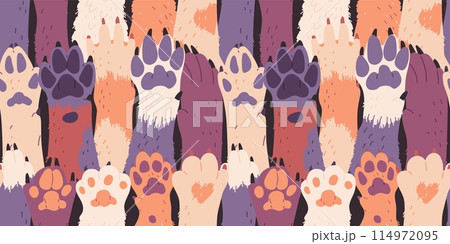 Animal paws cartoon vector seamless pattern, cute dog or cat fluffy paws open foot raised up, pets hand greeting gesture 114972095