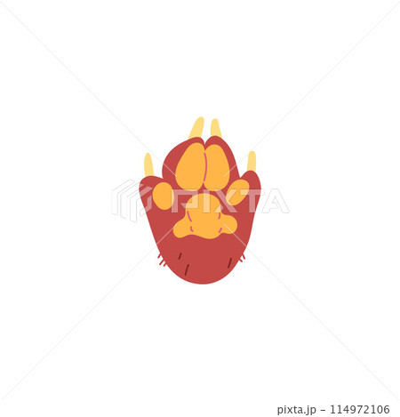 Dog or cat fluffy paw with claws and feet toes, vector cartoon canine footprint sticker, pads on the pet furry foot palm 114972106