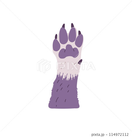 Dog fluffy paw open palm raised up gesture, cute pet footprint claws feet toes, cartoon vector animal hand greeting sign Dog fluffy paw open palm raised up gesture, cute pet footprint claws feet toes, cartoon vector animal hand greeting sign 114972112