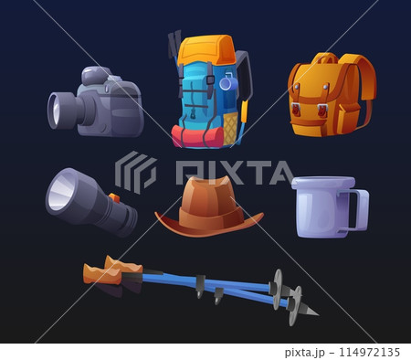 Vector set featuring hiking gear: backpack, camera and lens, aluminum mug, trekking poles, lantern, hat Vector set featuring hiking gear: backpack, camera and lens, aluminum mug, trekking poles, lantern, hat 114972135