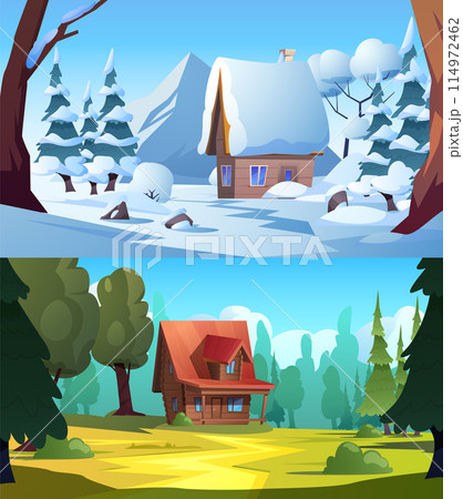 Set of landscapes with wooden houses standing at forest, summer and winter season Set of landscapes with wooden houses standing at forest, summer and winter season 114972462