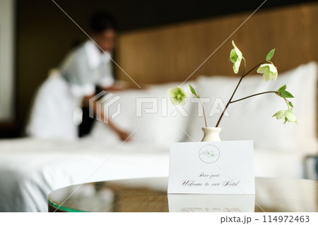 Background image of luxury hotel room with welcome note in foreground copy space 114972463