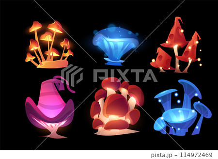 Set of glowing fantasy mushrooms on an isolated background. Set of glowing fantasy mushrooms on an isolated background. 114972469