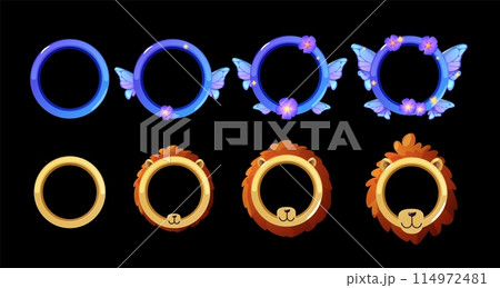Avatar frame lion muzzle and butterfly cartoon vector set, progress achievement round empty border rank game interface 114972481