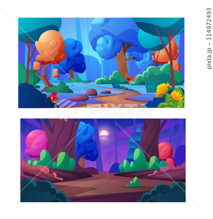 Magic forest with fairy trees and flowers on land from alien world, cartoon vector set of fantastic nature day and night 114972493