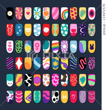 Collection of different nail design art. Colorful creative manicure design. Various prints, patterns and drawings. Vector illustration Collection of different nail design art. Colorful creative manicure design. Various prints, patterns and drawings. Vector illustration 114972576