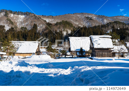 合掌造りで有名な、日本の岐阜県の白川郷の風景 114972649