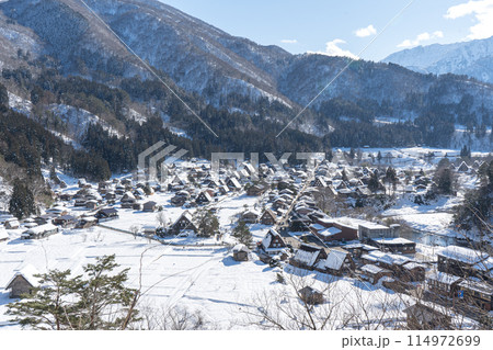 日本の岐阜県の白川郷の合掌造りの建築 114972699