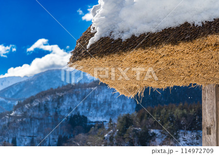 合掌造りで有名な、日本の岐阜県の白川郷の茅葺き屋根 114972709