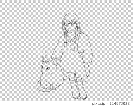 Cat and woman (line drawing) 114973028