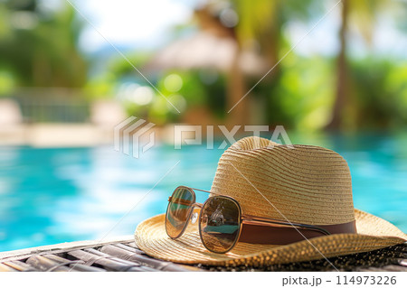リゾートホテルのプールサイドに置かれた麦わら帽子とサングラス リゾートホテルのプールサイドに置かれた麦わら帽子とサングラス 114973226