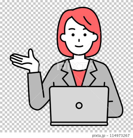 A woman in a suit working on a laptop computer pointing with her right hand 114973267