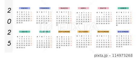 Spanish calendar 2025 year. Vector stationery horizontal calendar week starts Monday. Yearly organizer. Simple calendar template in minimalist design. Business illustration. 114973268
