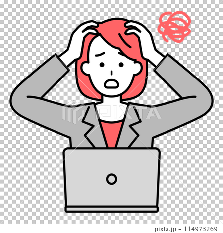 A woman in a suit working on a laptop computer confused 114973269