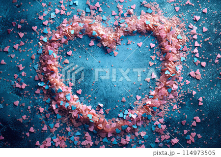 Heart of pink and blue confetti on a blue background with a copy space 114973505