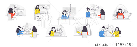 Podcast Recording with Young Man and Woman with Microphone Broadcasting and Live Streaming Outline Vector Set Podcast Recording with Young Man and Woman with Microphone Broadcasting and Live Streaming Outline Vector Set 114973590