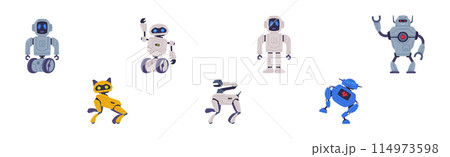 Metal Robot Machine with Limbs for Labor Automation Vector Set 114973598