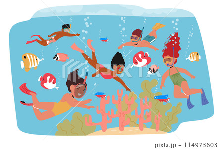 Group Of Playful Children Engaged In An Underwater Snorkeling Adventure. Surrounded By Colorful Tropical Fish, Corals Group Of Playful Children Engaged In An Underwater Snorkeling Adventure. Surrounded By Colorful Tropical Fish, Corals 114973603