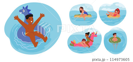 Children Enjoy A Sunny Day In A Swimming Pool, Floating On Bright Inflatable Rings. Kids Exhibit Joy And Playfulness 114973605