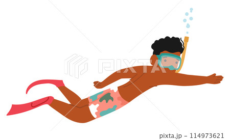 Young Boy Explores Underwater Life In A Snorkel And Fins. His Enthusiastic Dive, Showcased In Vibrant Swim Trunks Young Boy Explores Underwater Life In A Snorkel And Fins. His Enthusiastic Dive, Showcased In Vibrant Swim Trunks 114973621
