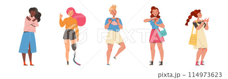 Man and Woman Character Showing Hand Gesture Expressing Emotion with Body Language Vector Illustration Set 114973623
