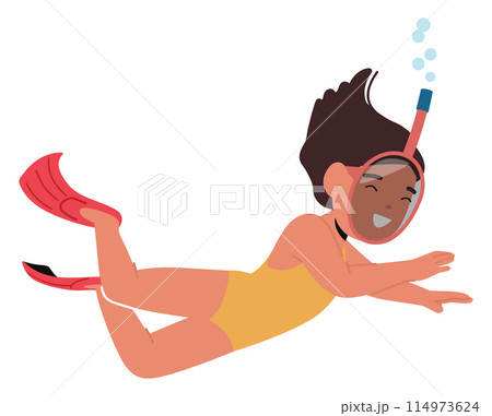 Girl, Filled With Joy As She Explores The Underwater World. Dressed In A Yellow Swimsuit And Equipped With Snorkeling 114973624