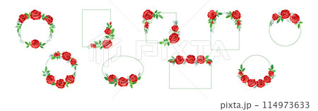 Rose Frame with Red Lush Bud and Green Leaves Arranged in Shape with Border Vector Set 114973633