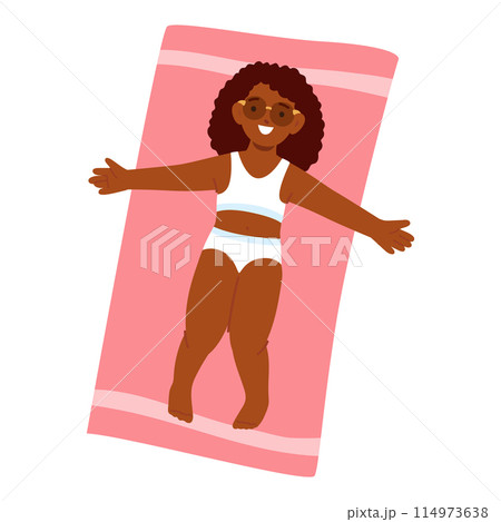 Cheerful Young Girl In White And Blue Bikini Sunbathes On A Bright Pink Beach Towel. Vector Image Captures Joy And Relax 114973638
