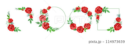 Rose Frame with Red Lush Bud and Green Leaves Arranged in Shape with Border Vector Set 114973639