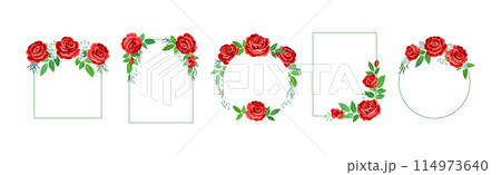 Rose Frame with Red Lush Bud and Green Leaves Arranged in Shape with Border Vector Set Rose Frame with Red Lush Bud and Green Leaves Arranged in Shape with Border Vector Set 114973640