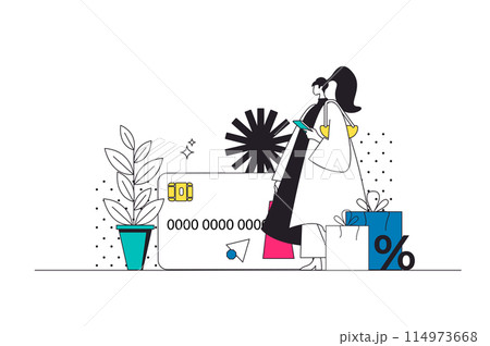 Shop loyalty program outline web concept in modern flat line design. Woman shopping at store and getting rewards with special discount coupons, surprise gifts and internet bonuses. Vector illustration Shop loyalty program outline web concept in modern flat line design. Woman shopping at store and getting rewards with special discount coupons, surprise gifts and internet bonuses. Vector illustration 114973668