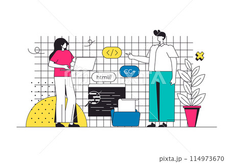 Programming outline web concept in modern flat line design. Woman and man working with programming code, creating software products, making optimization app, developing project. Vector illustration 114973670