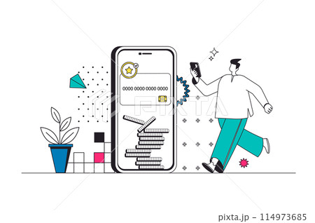 Mobile banking outline web concept in modern flat line design. Man controlling financial account with credit card in app, managing digital wallet, making online money transfer. Vector illustration Mobile banking outline web concept in modern flat line design. Man controlling financial account with credit card in app, managing digital wallet, making online money transfer. Vector illustration 114973685