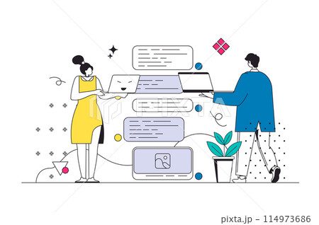 Messaging service outline web concept in modern flat line design. Woman and communication online, sending messages and bubble text from laptop programs, chatting in dating apps. Vector illustration Messaging service outline web concept in modern flat line design. Woman and communication online, sending messages and bubble text from laptop programs, chatting in dating apps. Vector illustration 114973686