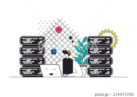 Data centre outline web concept in modern flat line design. Man working at laptop in server room, doing technical maintenance with infrastructure for processing data operation. Vector illustration Data centre outline web concept in modern flat line design. Man working at laptop in server room, doing technical maintenance with infrastructure for processing data operation. Vector illustration 114973700