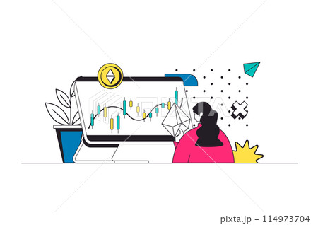 Crypto investment outline web concept in modern flat line design. Woman analyzing graphs and buying cryptocurrency coins, using risk financial strategy with bitcoins exchange. Vector illustration 114973704
