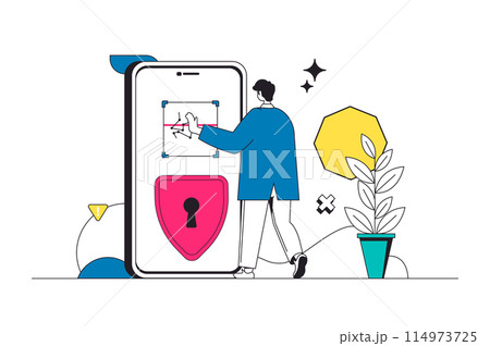 Biometric control outline web concept in modern flat line design. Man unlocking mobile phone with password access and face recognition system, touch screen for fingerprint id. Vector illustration Biometric control outline web concept in modern flat line design. Man unlocking mobile phone with password access and face recognition system, touch screen for fingerprint id. Vector illustration 114973725