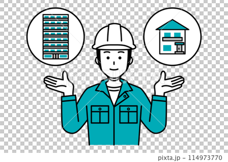 A male worker offers the choice between a house or an apartment 114973770