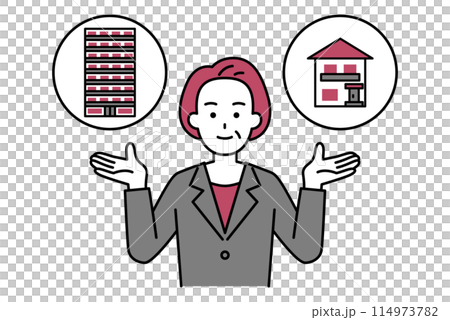A middle-aged woman in a suit suggests the choice between a house or an apartment 114973782