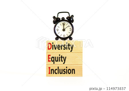 DEI diversity equity and inclusion symbol. Concept words DEI diversity equity inclusion on blocks. Beautiful white background. Business DEI diversity equity and inclusion concept. Copy space. 114973837