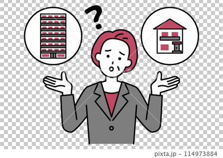 A middle-aged woman in a suit is having trouble deciding between a house or an apartment A middle-aged woman in a suit is having trouble deciding between a house or an apartment 114973884