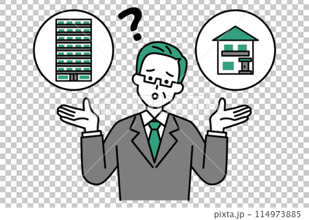 A middle-aged man in a suit is having trouble deciding between a house or an apartment A middle-aged man in a suit is having trouble deciding between a house or an apartment 114973885