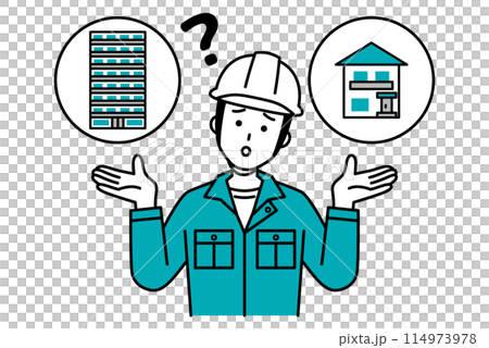 A male worker is undecided about whether to buy a house or an apartment 114973978