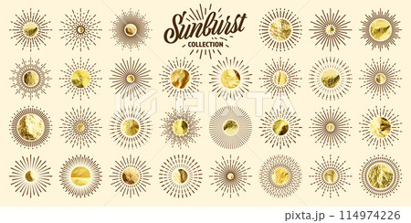Vintage sunburst, sunset beams. Gold foil, shiny handmade circles. Golden glittering texture, pattern. Hand drawn bursting sun, light rays. Logotype or lettering, retro style. Vector illustration 114974226