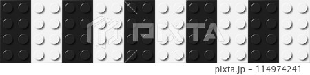 Background of bricks in black and white colors. Many plastic building toy blocks banner. Close-up of a colorful bricks viewed from above. Abstract vector background illustration 114974241