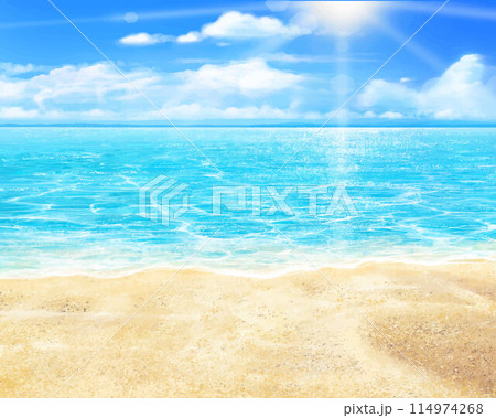 夏の砂浜と太陽ー雲のある青い空と海の美しい夏のビーチフレームイラスト素材 114974268